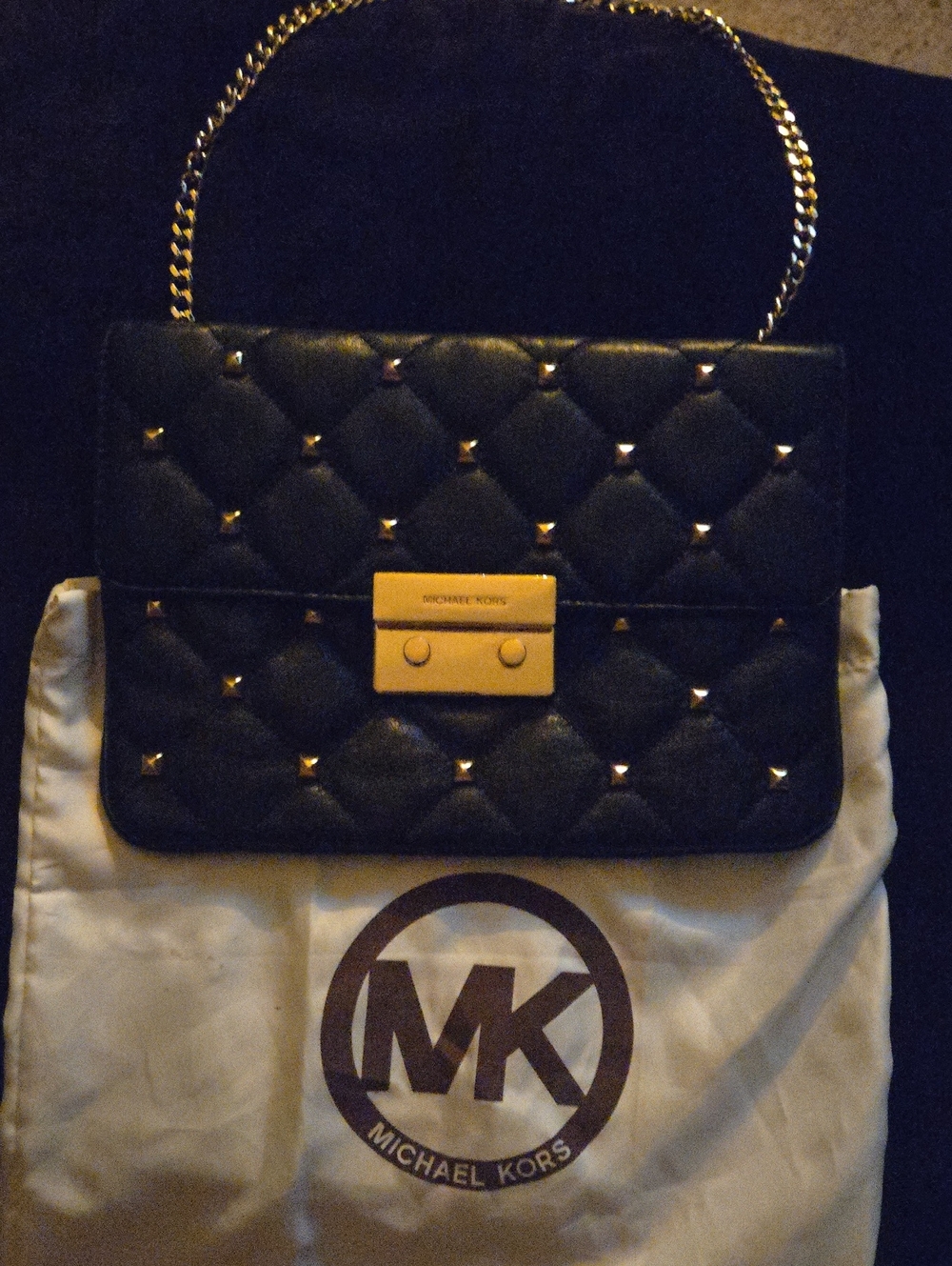 Michael Kors Black Leather Quilted Studded Shoulder Bag with Gold Chain